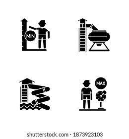 Waterslides with restrictions black glyph icons set on white space. Aqualoop, bowl slide, weight and height limits silhouette symbols. Water park attractions and rules. Vector isolated illustrations