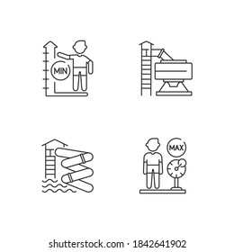 Diapositivas de agua con restricciones de iconos lineales. Los símbolos de contorno de línea delgada personalizables se limitan a Aqualoop, deslizamiento de intestino, peso y altura. Ilustraciones aisladas del contorno vectorial. Trazo editable