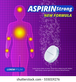 Water-soluble Pill Or Drug Ads, Painkillers, Aspirin Strong Tablets Label. Human Silhouette With Pain Focus. The Cure For Chest Pain, Headache, Joint Pain, Antipyretic, Colds. Meds For Heath. Vector