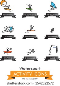 Watersport activity vector eps stickman icons for website or mobile app