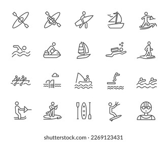 Watersport extreme pictogram stroke icon. Surfing swim water sea sport lifestyle recreation.