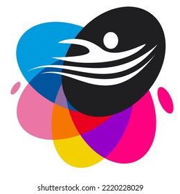 Watersport graphic with swimmer and colorful design elements.