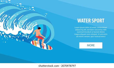 Watersport isometric horizontal banner with surfing sport symbols vector illustration