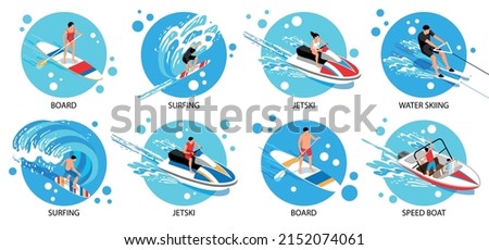 Watersport isometric set with surfing symbols isolated vector illustration