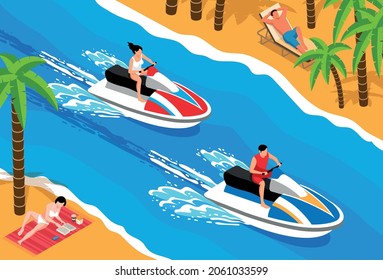 Watersport with jetski activity and hobby symbols isometric horizontal vector illustration