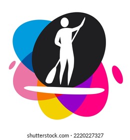 Watersport paddleboard graphic with colorful design elements.