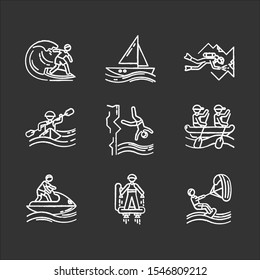 Watersports chalk icons set. Cave diving, surfing, flyboarding and sailing. Cliff diving, kayaking and windsurfing. Extreme kinds of sports. Beach activities. Isolated vector chalkboard illustrations