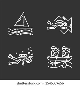 Watersports chalk icons set. Cave diving, sailing and rafting. Extreme kinds of sport. Summer vacation, adventure and hobby, beach activities. Isolated vector chalkboard illustrations