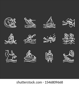 Watersports chalk icons set. Cave diving, kiteboarding,flyboarding and jet skiing. Cliff jumping and paddle surfing. Watercraft and extreme kinds of sport.Isolated vector chalkboard illustrations