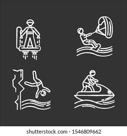 Watersports chalk icons set. Flyboarding, kiteboarding, cliff diving and jetskiing. Extreme kinds of sport. Summer vacation adventure. Ocean beach leisure. Isolated vector chalkboard illustrations