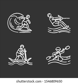 Watersports chalk icons set. Surfing, water skiing, rafting and sup boarding. Extreme kinds of sports. Summer vacation leisure, adventures. Beach activities. Isolated vector chalkboard illustrations