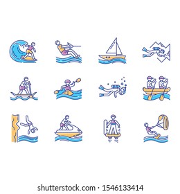 Watersports color icons set. Cave diving, kiteboarding, flyboarding and jet skiing. Cliff jumping and paddle surfing. Watercraft and extreme kinds of sport. Isolated vector illustrations