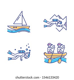 Watersports color icons set. Cave diving, sailing and rafting. Extreme kinds of sport. Summer vacation, adventure and hobby, beach activities. Diving with scuba gear. Isolated vector illustrations