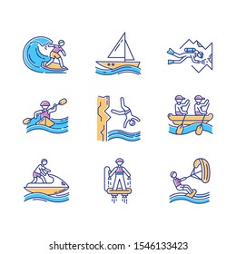 Watersports color icons set. Cave diving, surfing, flyboarding and sailing. Cliff diving, kayaking and windsurfing. Extreme kinds of sports. Summer beach activities. Isolated vector illustrations