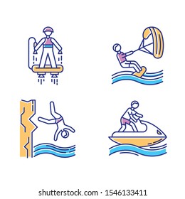 Watersports color icons set. Flyboarding, kiteboarding, cliff diving and jetskiing. Extreme kinds of sport. Summer vacation adventure. Ocean and sea beach leisure. Isolated vector illustrations