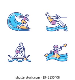 Watersports color icons set. Surfing, water skiing, rafting and sup boarding. Extreme kinds of sports. Summer vacation leisure, adventures. Ocean beach activities. Isolated vector illustrations