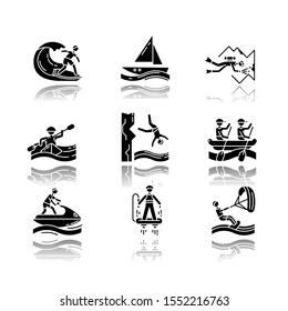 Watersports drop shadow black glyph icons set. Cave diving, surfing, flyboarding and sailing. Cliff diving, kayaking and windsurfing. Extreme kinds of sports. Isolated vector illustrations