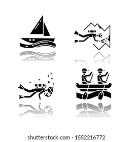 Watersports drop shadow black glyph icons set. Cave diving, sailing and rafting. Extreme kinds of sport. Summer vacation, adventure and hobby, beach activities. Isolated vector illustrations