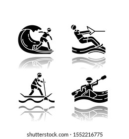 Watersports drop shadow black glyph icons set. Surfing, water skiing, rafting and sup boarding. Extreme kinds of sports. Summer vacation leisure, adventures. Isolated vector illustrations