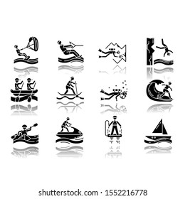 Watersports drop shadow black glyph icons set. Cave diving, kiteboarding and flyboarding. Cliff jumping and paddle surfing. Watercraft, extreme kinds of sport. Isolated vector illustrations