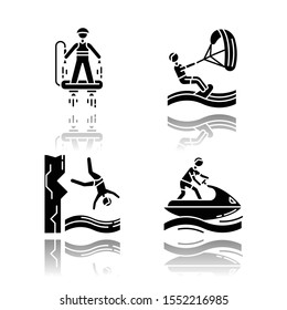 Watersports drop shadow black glyph icons set. Flyboarding, kiteboarding, cliff diving and jetskiing. Extreme kinds of sport. Ocean and sea beach leisure. Isolated vector illustrations