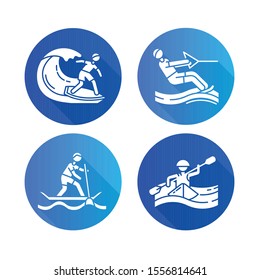 Watersports flat design long shadow glyph icons set. Surfing, water skiing, rafting and sup boarding. Extreme kinds of sports. Summer vacation leisure, adventures.Vector silhouette illustration