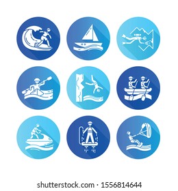 Watersports flat design long shadow glyph icons set. Cave diving, surfing, flyboarding and sailing. Cliff diving, kayaking and windsurfing. Extreme kinds of sports.Vector silhouette illustration