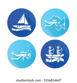 Watersports flat design long shadow glyph icons set. Cave diving, sailing and rafting. Extreme kinds of sport. Summer vacation beach activities. Diving with scuba gear. Vector silhouette illustration