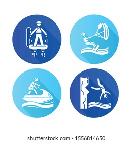 Watersports flat design long shadow glyph icons set. Flyboarding, kiteboarding, cliff diving and jetskiing. Extreme kinds of sport. Ocean and sea beach leisure.Vector silhouette illustration