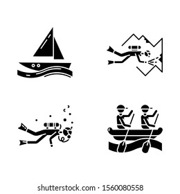 Watersports glyph icons set. Cave diving, sailing and rafting. Extreme kinds of sport. Summer vacation, beach activities. Diving with scuba gear.Silhouette symbols. Vector isolated illustration