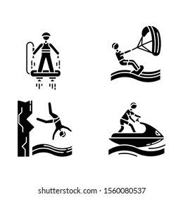 Watersports glyph icons set. Flyboarding, kiteboarding, cliff diving and jetskiing. Extreme kinds of sport. Ocean and sea beach leisure. Silhouette symbols. Vector isolated illustration