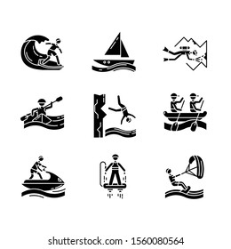 Watersports glyph icons set. Silhouette symbols. Cave diving, surfing, flyboarding and sailing. Cliff diving, kayaking and windsurfing. Extreme kinds of sports. Vector isolated illustration