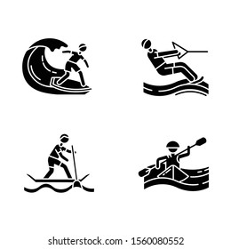 Watersports glyph icons set. Surfing, water skiing, rafting and sup boarding. Extreme kinds of sports. Summer vacation leisure, adventures. Silhouette symbols. Vector isolated illustration