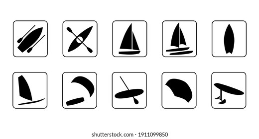Watersports icons set. Surfing, kiteboarding, windsurfing, sailboat, catamaran, hydrofoil, kayaking, foil wing, boat and sup boarding. Extreme kinds of sports signs and symbols collection.
