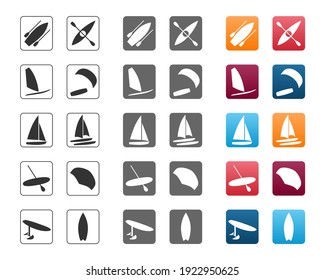 Watersports icons set. Surfing, kiteboarding, windsurfing, sailboat, catamaran, hydrofoil, kayaking, foil wing, boat and sup boarding. Extreme kinds of sports signs and symbols collection.