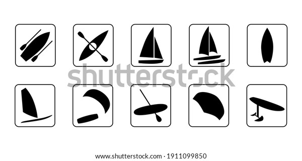 Watersports\
icons set. Surfing, kiteboarding, windsurfing, sailboat, catamaran,\
hydrofoil, kayaking, foil wing, boat and sup boarding. Extreme\
kinds of sports signs and symbols\
collection.