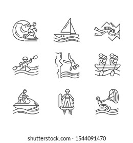 Watersports linear icons set. Cave diving, surfing, flyboarding and sailing. Extreme kinds of sports.Thin line contour symbols. Isolated vector outline illustrations. Editable stroke