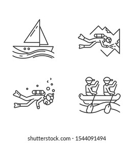 Watersports linear icons set. . Cave diving, sailing and rafting. Extreme kinds of sport. Summer activities .Thin line contour symbols. Isolated vector outline illustrations. Editable stroke