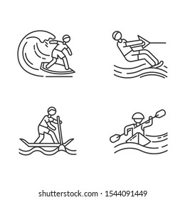 Watersports linear icons set. Surfing, water skiing, rafting and sup boarding. Extreme kinds of sports.Thin line contour symbols. Isolated vector outline illustrations. Editable stroke