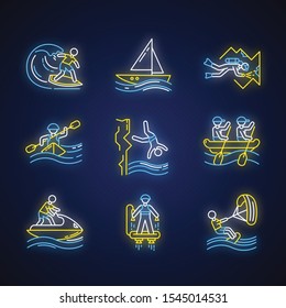 Watersports neon light icons set. Glowing signs. Cave diving, surfing, flyboarding and sailing. Cliff diving, kayaking and windsurfing. Extreme kinds of sports. Vector isolated illustrations