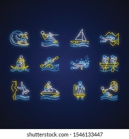 Watersports neon light icons set. Cave diving, kiteboarding, flyboarding and jet skiing. Cliff jumping and paddle surfing. Extreme kinds of sport. Glowing signs. Vector isolated illustrations