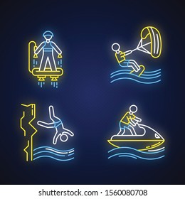 Watersports neon light icons set. Flyboarding, kiteboarding, cliff diving and jetskiing. Extreme kinds of sport. Summer vacation adventure. Glowing signs. Vector isolated illustrations