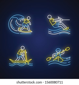 Watersports neon light icons set. Surfing, water skiing, rafting and sup boarding. Extreme kinds of sports. Summer vacation leisure, adventures. Glowing signs. Vector isolated illustrations