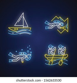 Watersports neon light icons set. Cave diving, sailing and rafting. Extreme kinds of sport. Summer vacation, adventure and hobby, beach activities. Glowing signs. Vector isolated illustrations