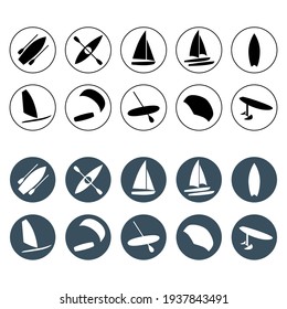 Watersports round icons set. Surfing, kiteboarding, windsurfing, sailboat, catamaran, hydrofoil, kayaking, foil wing, boat and sup boarding. Extreme kinds of sports signs and symbols collection.