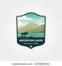 Waterton Lakes National Park badge with moose, mountains, and lake. Perfect for travel brochures, outdoor adventure websites, posters.