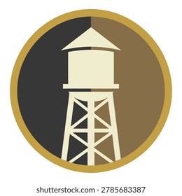 Watertower icon in a circle with gold border on white background icon