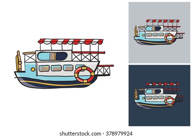 Water-tram vector sketch in kids style on white, gray and dark background.