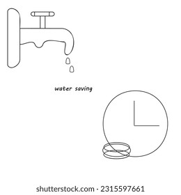 Тap water.Watch and money Outline.Vector illustration.Ecology, economy.