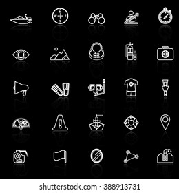 Waterway related line icons with reflect on black, stock vector